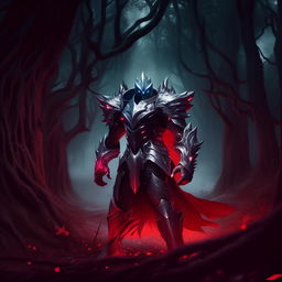 Zed from League of Legends, fully armed with his silver and red armor, creating shadow clones around him. He stands defiantly in a dimly lit forest at night, his eyes glowing red with intensity.