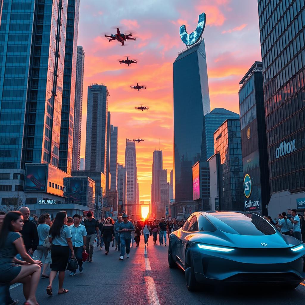 A futuristic cityscape at sunset, featuring towering skyscrapers with blue and silver facades
