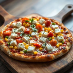 An appetizing pizza showcasing a perfect blend of fluffy paneer cubes, vibrant fresh tomatoes, sweet golden corn, and crunchy green capsicum, all layered generously atop a rich, cheesy crust that is golden brown and cooked to perfection