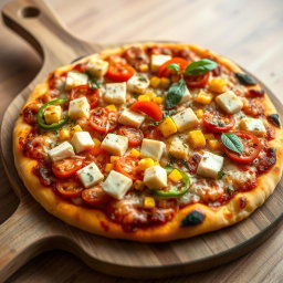 An appetizing pizza showcasing a perfect blend of fluffy paneer cubes, vibrant fresh tomatoes, sweet golden corn, and crunchy green capsicum, all layered generously atop a rich, cheesy crust that is golden brown and cooked to perfection