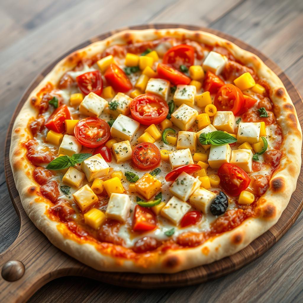 An appetizing pizza showcasing a perfect blend of fluffy paneer cubes, vibrant fresh tomatoes, sweet golden corn, and crunchy green capsicum, all layered generously atop a rich, cheesy crust that is golden brown and cooked to perfection