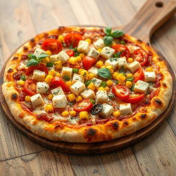 An appetizing pizza showcasing a perfect blend of fluffy paneer cubes, vibrant fresh tomatoes, sweet golden corn, and crunchy green capsicum, all layered generously atop a rich, cheesy crust that is golden brown and cooked to perfection