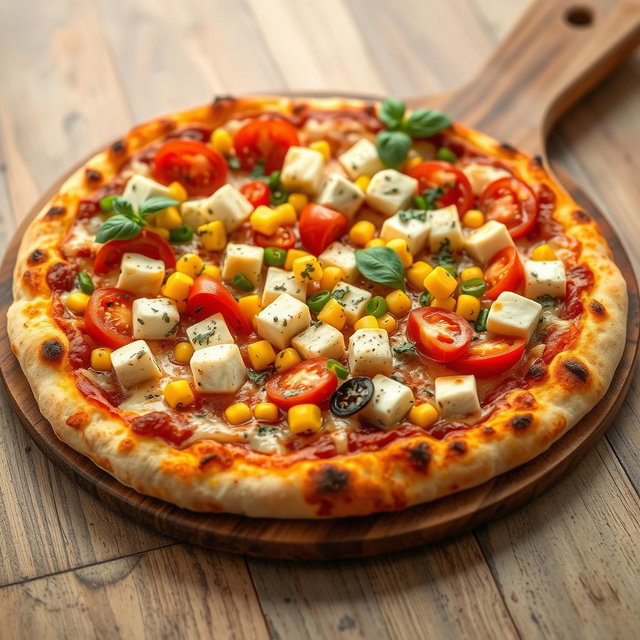 An appetizing pizza showcasing a perfect blend of fluffy paneer cubes, vibrant fresh tomatoes, sweet golden corn, and crunchy green capsicum, all layered generously atop a rich, cheesy crust that is golden brown and cooked to perfection