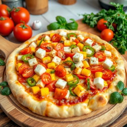 A vibrant and appetizing pizza topped with a perfect mix of fluffy paneer cubes, juicy fresh tomatoes, sweet golden corn, and crunchy green capsicum slices, all beautifully arranged on a thick, cheesy crust