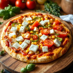 A vibrant and appetizing pizza topped with a perfect mix of fluffy paneer cubes, juicy fresh tomatoes, sweet golden corn, and crunchy green capsicum slices, all beautifully arranged on a thick, cheesy crust