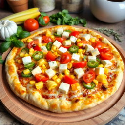 A vibrant and appetizing pizza topped with a perfect mix of fluffy paneer cubes, juicy fresh tomatoes, sweet golden corn, and crunchy green capsicum slices, all beautifully arranged on a thick, cheesy crust