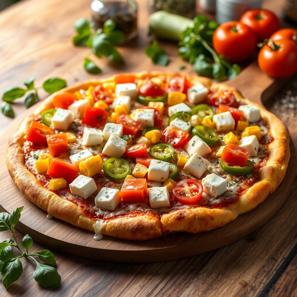 A vibrant and appetizing pizza topped with a perfect mix of fluffy paneer cubes, juicy fresh tomatoes, sweet golden corn, and crunchy green capsicum slices, all beautifully arranged on a thick, cheesy crust