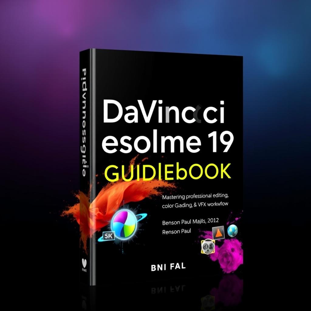 A modern and professional book cover for 'DaVinci Resolve 19 Guidebook: Mastering Professional Editing, Color Grading, and VFX Workflow' by Benson Paul