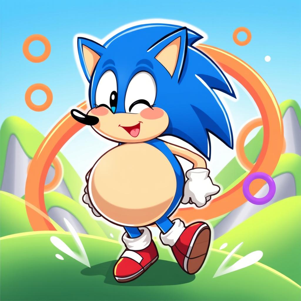 A whimsical and colorful character design featuring a cartoon-style blue hedgehog inspired by Sonic