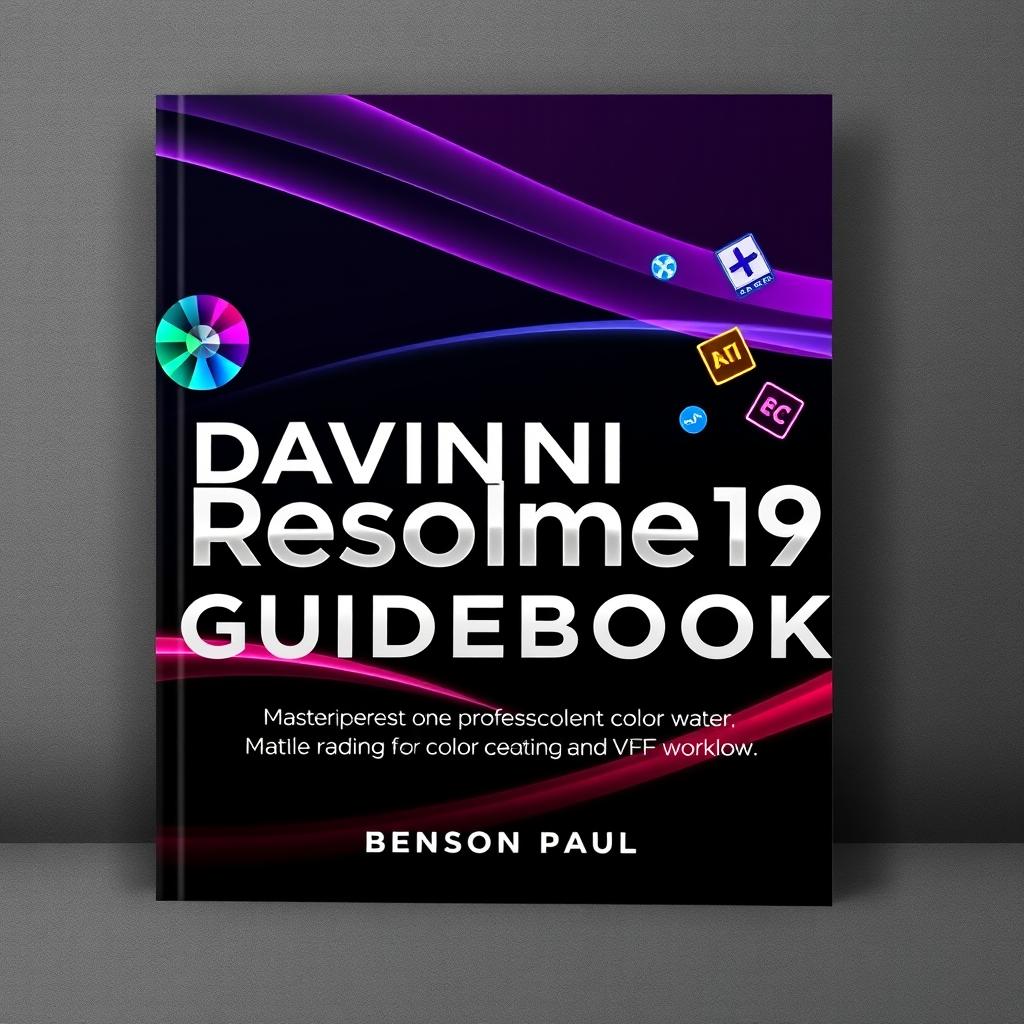 A modern and professional book cover design for 'DaVinci Resolve 19 Guidebook: Mastering Professional Editing, Color Grading, and VFX Workflow' by Benson Paul