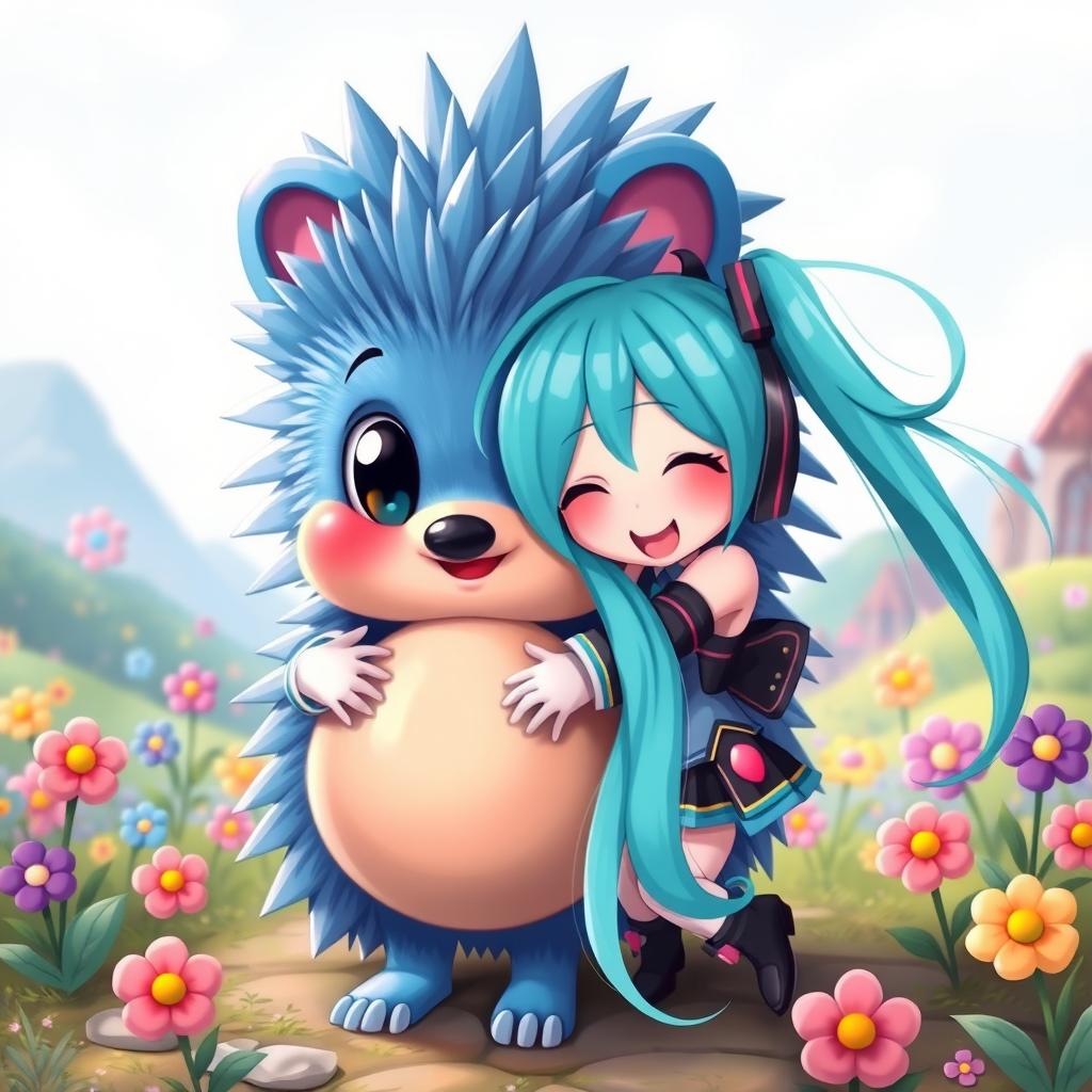 A whimsical blue hedgehog with large expressive eyes, featuring a rounded cute belly to indicate pregnancy, is joyfully hugging Hatsune Miku, a popular virtual pop star with long turquoise hair styled in twin tails