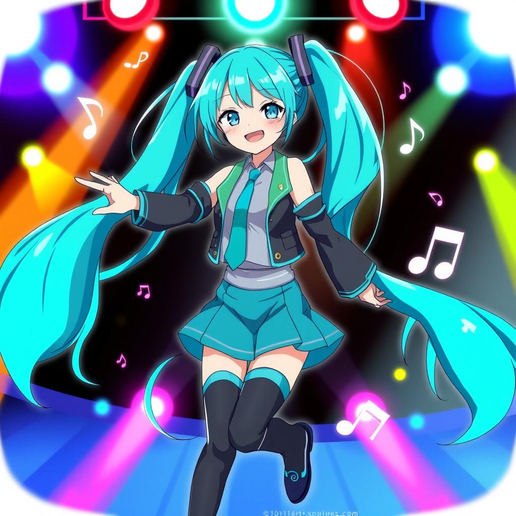A vibrant and energetic illustration of Hatsune Miku, the iconic virtual pop star, showcasing her signature long turquoise hair styled in twin tails