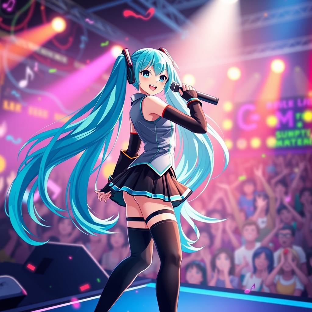 A vibrant and dynamic scene featuring Hatsune Miku, a popular virtual idol with long, flowing turquoise hair and signature pigtails