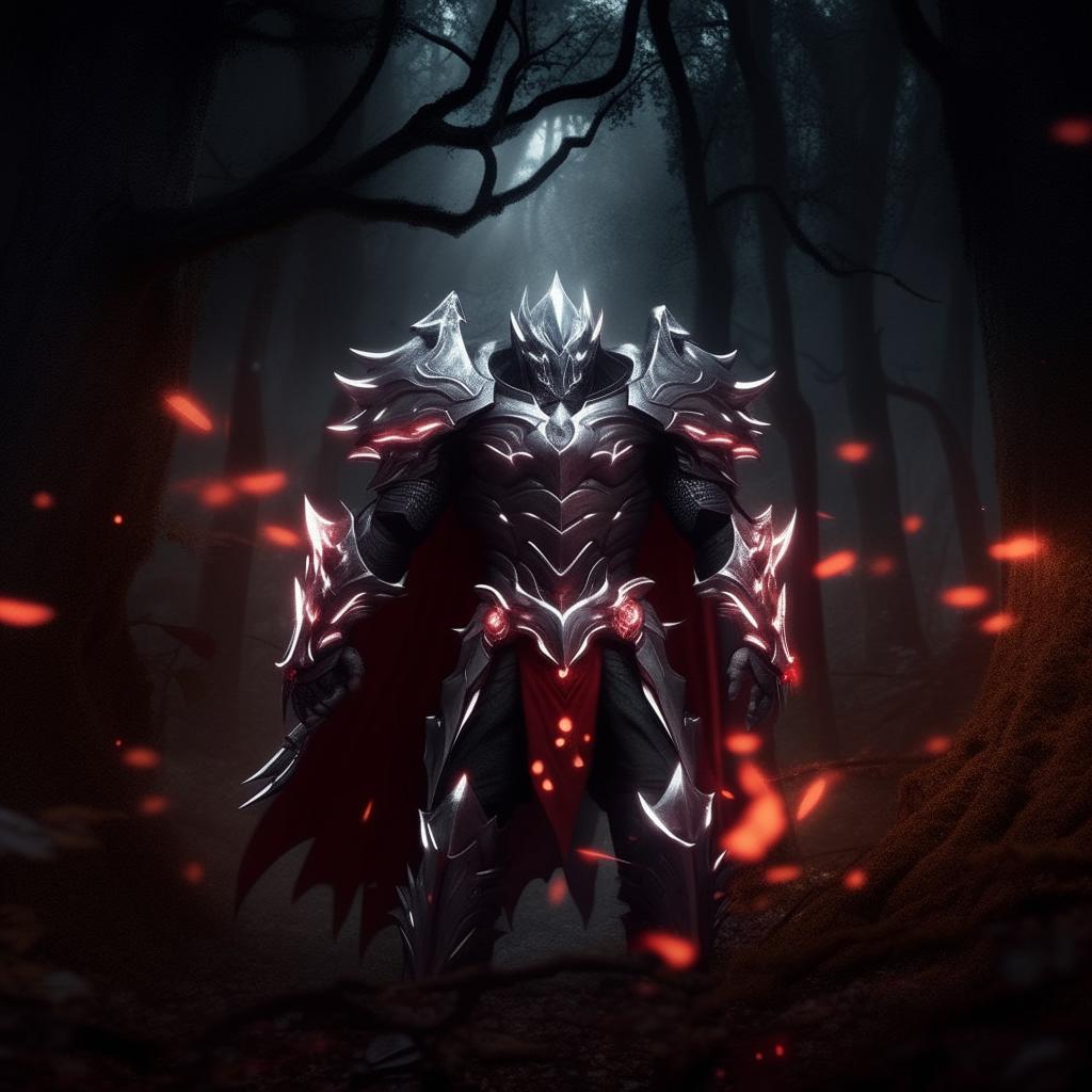 Zed from League of Legends, fully armed with his silver and red armor, creating shadow clones around him. He stands defiantly in a dimly lit forest at night, his eyes glowing red with intensity.