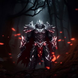 Zed from League of Legends, fully armed with his silver and red armor, creating shadow clones around him. He stands defiantly in a dimly lit forest at night, his eyes glowing red with intensity.