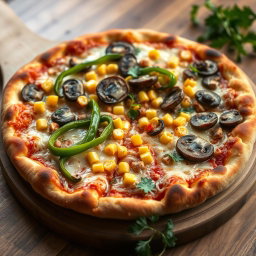 An enticing pizza featuring a flavorful combination of vibrant green capsicum, earthy mushrooms, and sweet golden corn, all generously layered with a rich, gooey cheese blend
