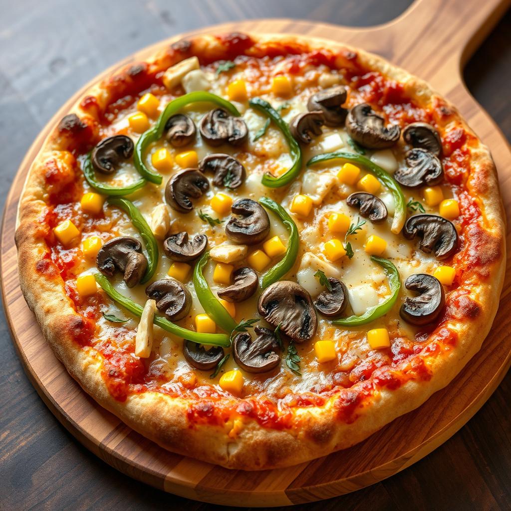 An enticing pizza featuring a flavorful combination of vibrant green capsicum, earthy mushrooms, and sweet golden corn, all generously layered with a rich, gooey cheese blend