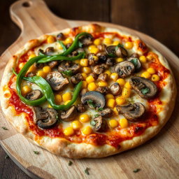 An enticing pizza featuring a flavorful combination of vibrant green capsicum, earthy mushrooms, and sweet golden corn, all generously layered with a rich, gooey cheese blend