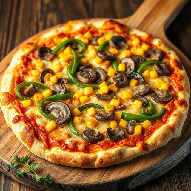 An enticing pizza featuring a flavorful combination of vibrant green capsicum, earthy mushrooms, and sweet golden corn, all generously layered with a rich, gooey cheese blend
