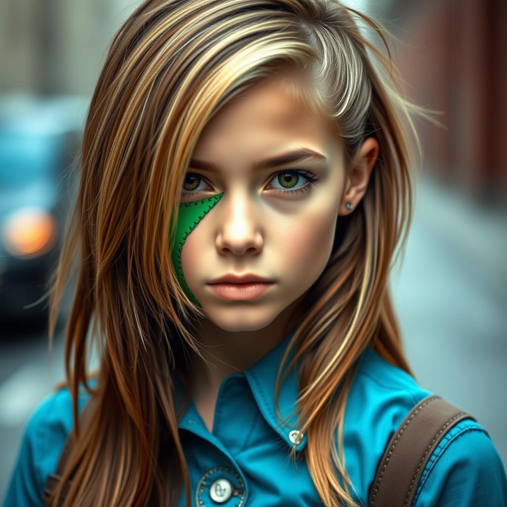 A striking portrait of a girl with a unique hairstyle, featuring brown hair cascading down her shoulders and blonde hair framing her face in the front