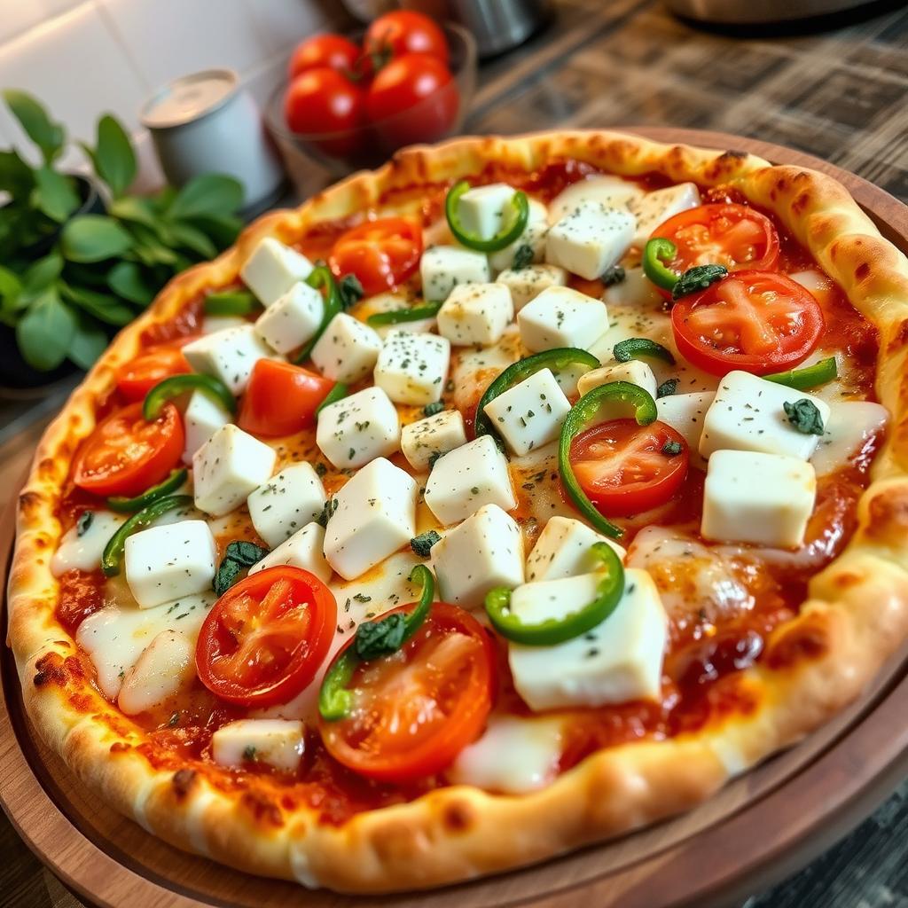 A delicious pizza topped with soft, creamy paneer cubes, crunchy green capsicum slices, and juicy plump tomatoes, all generously covered with gooey, bubbling mozzarella cheese