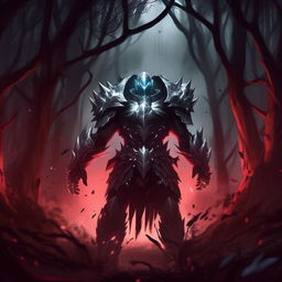 Zed from League of Legends, fully armed with his silver and red armor, creating shadow clones around him. He stands defiantly in a dimly lit forest at night, his eyes glowing red with intensity.