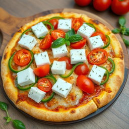 A delectable pizza topped with soft, creamy paneer cubes, crunchy green capsicum slices, and juicy red tomatoes, all smothered in gooey, melted mozzarella cheese