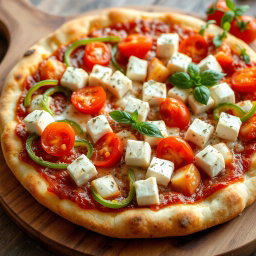 A delectable pizza topped with soft, creamy paneer cubes, crunchy green capsicum slices, and juicy red tomatoes, all smothered in gooey, melted mozzarella cheese
