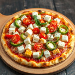 A delectable pizza topped with soft, creamy paneer cubes, crunchy green capsicum slices, and juicy red tomatoes, all smothered in gooey, melted mozzarella cheese