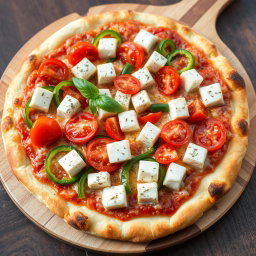 A delectable pizza topped with soft, creamy paneer cubes, crunchy green capsicum slices, and juicy red tomatoes, all smothered in gooey, melted mozzarella cheese