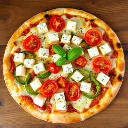 A mouth-watering pizza topped with soft, fresh paneer cubes, crunchy green capsicum slices, and juicy ripe tomatoes, all generously covered with gooey, melted mozzarella cheese