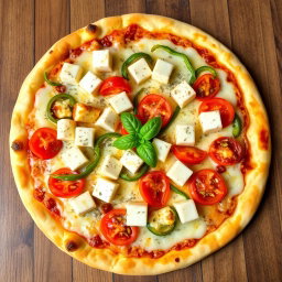 A mouth-watering pizza topped with soft, fresh paneer cubes, crunchy green capsicum slices, and juicy ripe tomatoes, all generously covered with gooey, melted mozzarella cheese