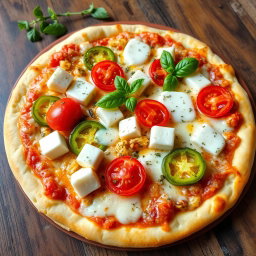 A mouth-watering pizza topped with soft, fresh paneer cubes, crunchy green capsicum slices, and juicy ripe tomatoes, all generously covered with gooey, melted mozzarella cheese
