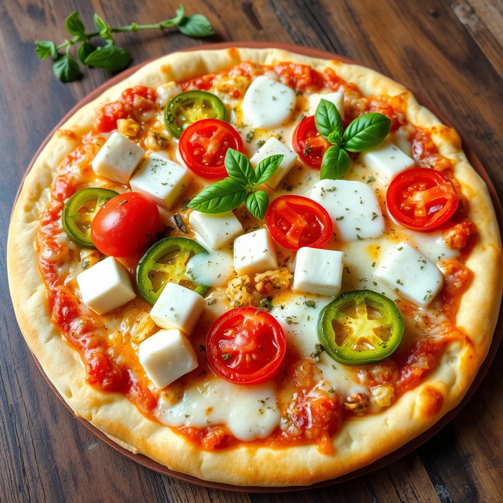 A mouth-watering pizza topped with soft, fresh paneer cubes, crunchy green capsicum slices, and juicy ripe tomatoes, all generously covered with gooey, melted mozzarella cheese
