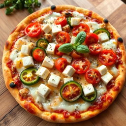 A mouth-watering pizza topped with soft, fresh paneer cubes, crunchy green capsicum slices, and juicy ripe tomatoes, all generously covered with gooey, melted mozzarella cheese