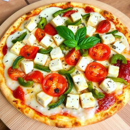 A delightful pizza topped with soft, tender paneer cubes, crunchy green capsicum, and succulent juicy tomatoes, all enveloped in a generous layer of gooey, melted mozzarella cheese