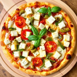A delightful pizza topped with soft, tender paneer cubes, crunchy green capsicum, and succulent juicy tomatoes, all enveloped in a generous layer of gooey, melted mozzarella cheese
