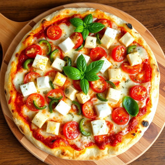 A delightful pizza topped with soft, tender paneer cubes, crunchy green capsicum, and succulent juicy tomatoes, all enveloped in a generous layer of gooey, melted mozzarella cheese