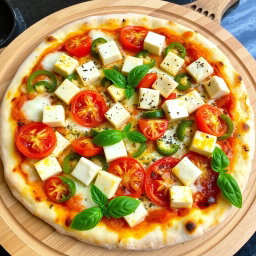 A delightful pizza topped with soft, tender paneer cubes, crunchy green capsicum, and succulent juicy tomatoes, all enveloped in a generous layer of gooey, melted mozzarella cheese