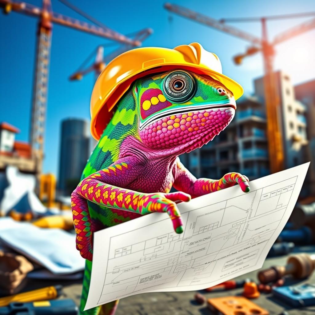 A vibrant chameleon dressed as an engineer, wearing a hard hat and holding a blueprint in its claws