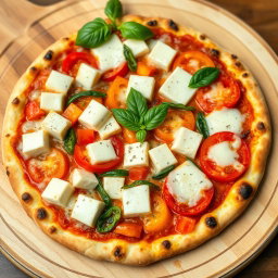 A delicious pizza showcasing soft, tender paneer cubes, vibrant crunchy capsicum slices, and luscious juicy tomatoes, all generously topped with gooey, melted mozzarella cheese