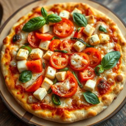 A delicious pizza showcasing soft, tender paneer cubes, vibrant crunchy capsicum slices, and luscious juicy tomatoes, all generously topped with gooey, melted mozzarella cheese