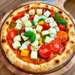 A delicious pizza showcasing soft, tender paneer cubes, vibrant crunchy capsicum slices, and luscious juicy tomatoes, all generously topped with gooey, melted mozzarella cheese