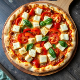 A delicious pizza showcasing soft, tender paneer cubes, vibrant crunchy capsicum slices, and luscious juicy tomatoes, all generously topped with gooey, melted mozzarella cheese