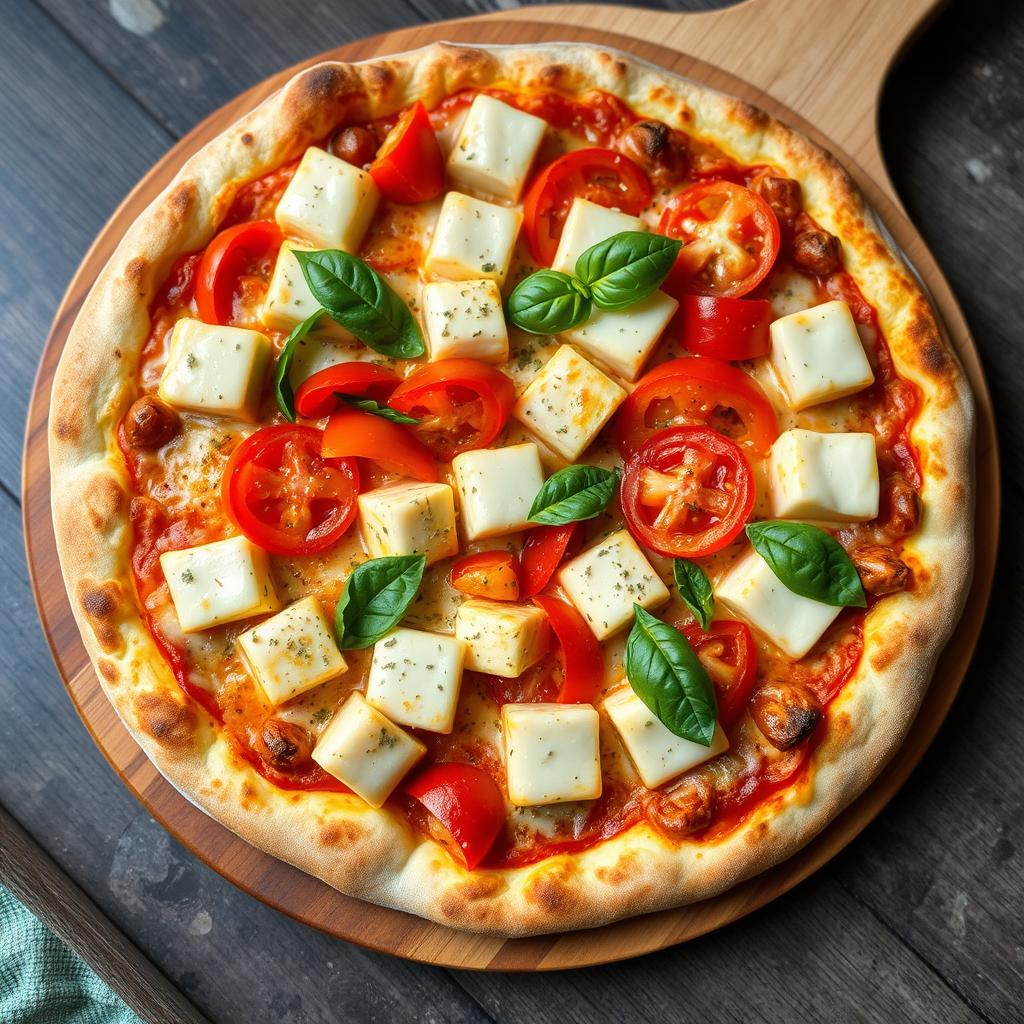 A delicious pizza showcasing soft, tender paneer cubes, vibrant crunchy capsicum slices, and luscious juicy tomatoes, all generously topped with gooey, melted mozzarella cheese