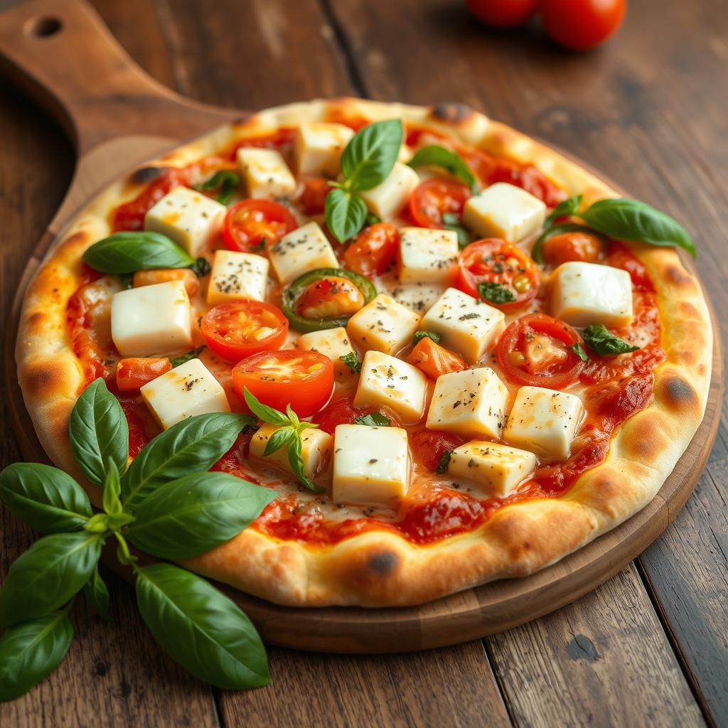 A delicious pizza featuring soft, tender paneer cubes, crunchy green capsicum, and juicy, ripe tomatoes, all topped with a generous layer of gooey, melted mozzarella cheese