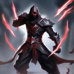 Zed, the master of shadows from League of Legends, clad in his black armor and crimson accents, skillfully wielding his unique shurikens. He's positioned in a moody, shadowy realm, his red eyes gleaming in the dark.