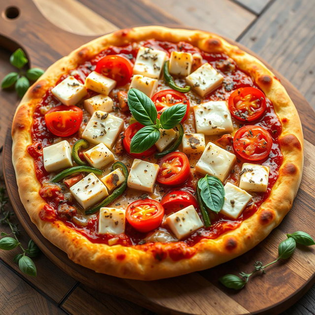 A delicious pizza featuring soft, tender paneer cubes, crunchy green capsicum, and juicy, ripe tomatoes, all topped with a generous layer of gooey, melted mozzarella cheese