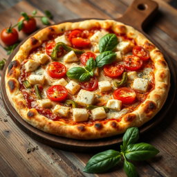 A delicious pizza featuring soft, tender paneer cubes, crunchy green capsicum, and juicy, ripe tomatoes, all topped with a generous layer of gooey, melted mozzarella cheese