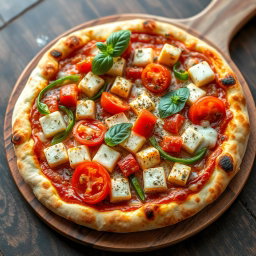 A delicious pizza featuring soft, tender paneer cubes, crunchy green capsicum, and juicy, ripe tomatoes, all topped with a generous layer of gooey, melted mozzarella cheese